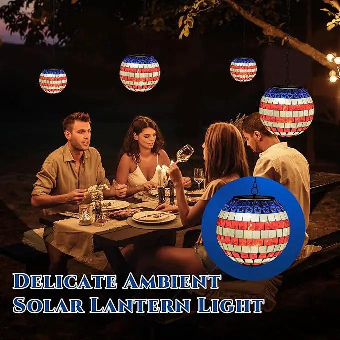 American Flag Solar Hanging Lanterns Outdoor Waterproof Glass Mosaic Gazing Ball Globe Hanging Lantern Lights for Patio Garden Yard Home Decor (Red) by GreenHaven Gardens