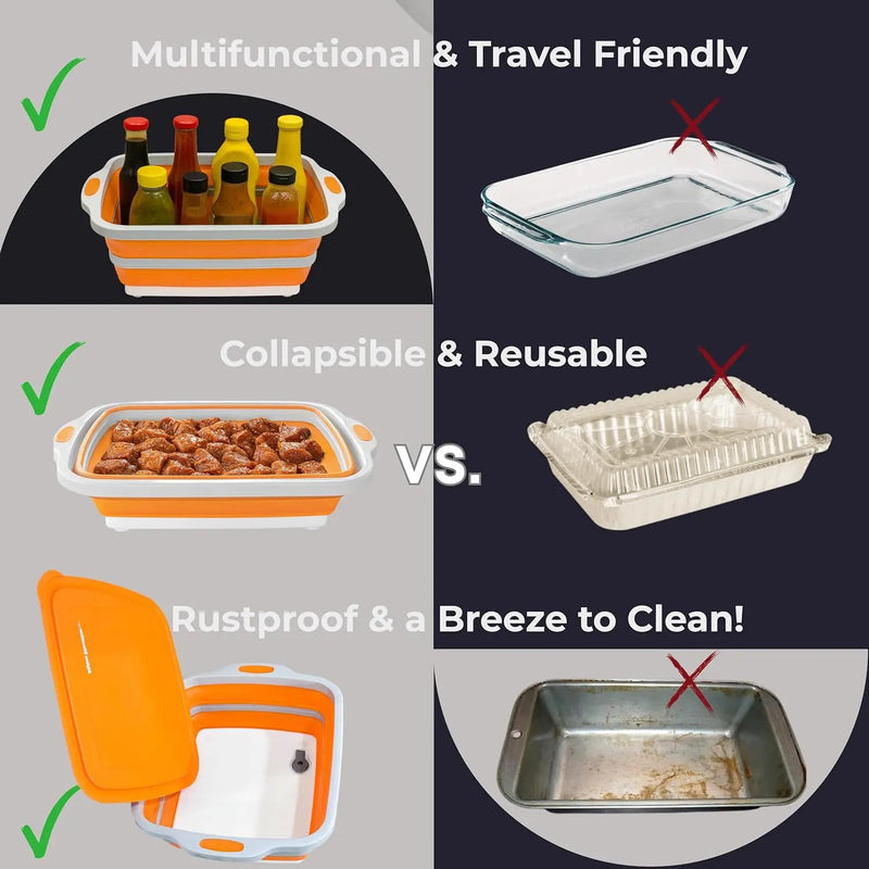 Collapsible Large (8L) BBQ Marinating Tub w/Cutting Board | Multipurpose Food-Grade TPE Prep Tub w/Lid | Built-in Colander & Drain Plug - for Camping | Tailgate | Picnic - Bold Orange by GreenHaven Gardens