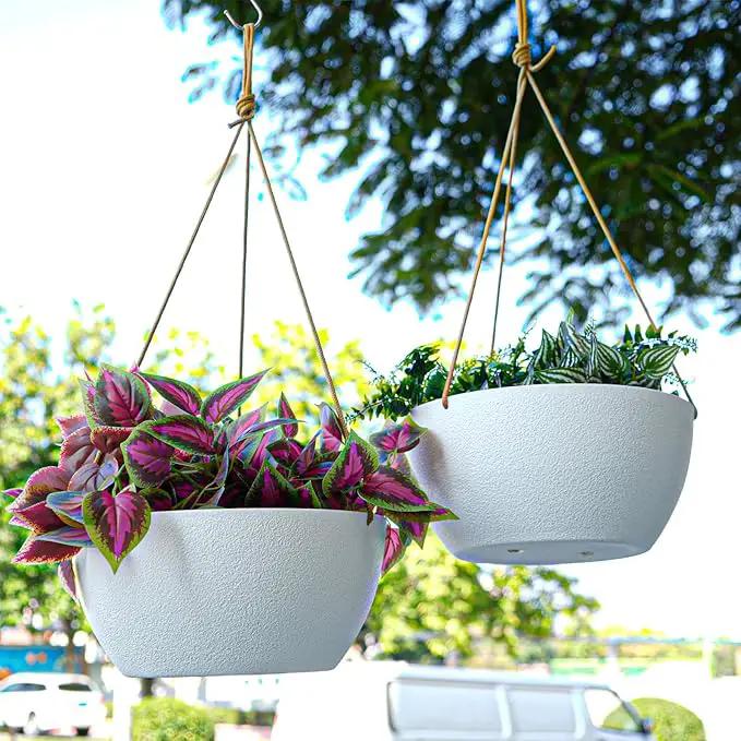 12 Inch 2 Pack Large Hanging Planters for Indoor Outdoor Plants, Plastic Hanging Basket Pots for House Plants Flowers, White by GreenHaven Gardens