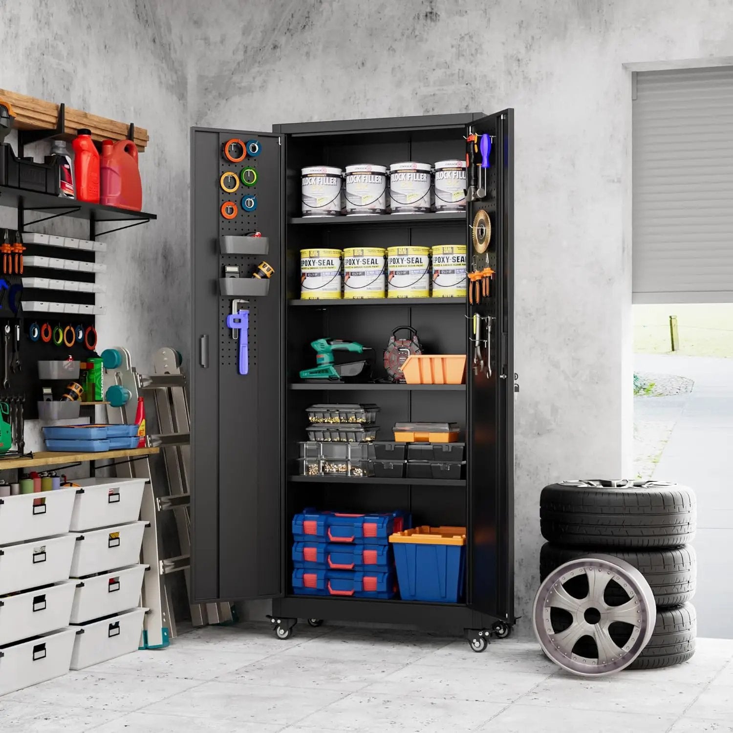 Metal Storage Cabinet with Wheels, Pegboard and 4 Hooks, 73" H Garage Storage Cabinet with 4 Adjustable Shelves and 2 Lockable Doors for Garage Home Office Warehouse, Black, Assembly Required by GreenHaven Gardens