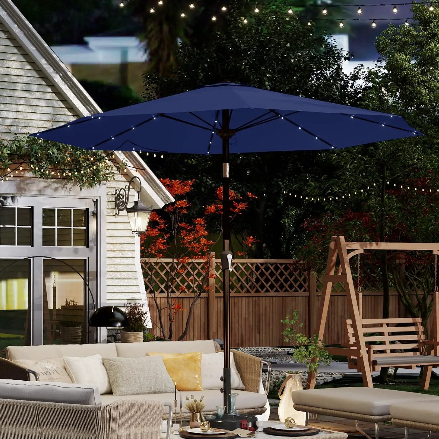 10FT Solar Umbrella 32 LED Lighted Patio Umbrella Table Market Umbrella w/Tilt and Crank, UV-Resistant Outdoor Umbrella for Pool, Garden, Deck, Navy Blue by GreenHaven Gardens