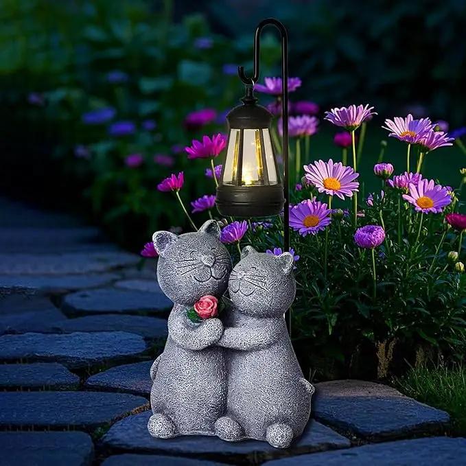 Cat Garden Statues with Solar Lantern Romantic Resin Kitty Couple Holding Rose Funny Cat Decor Gifts for Women Cats Figurines for Yard Lawn Porch Patio Decor by GreenHaven Gardens