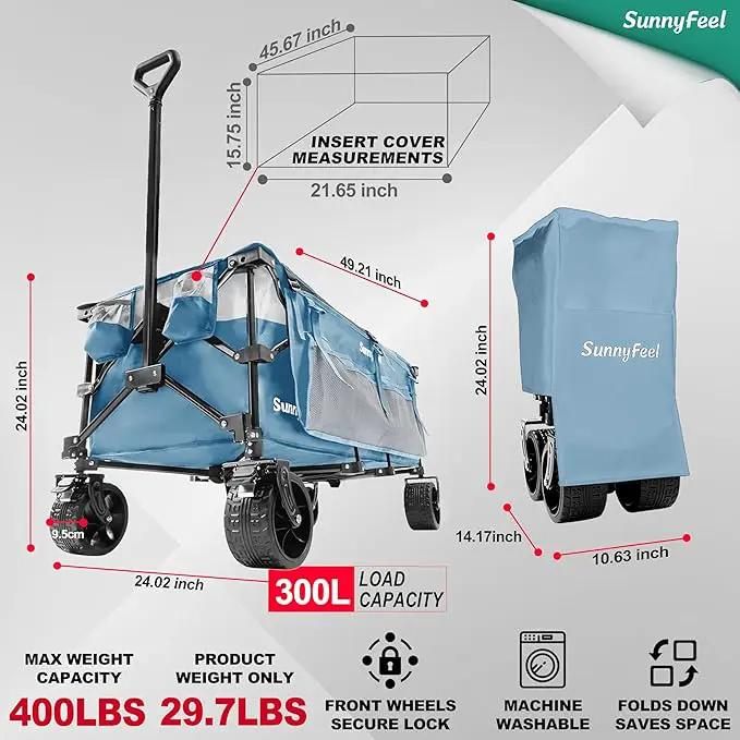 SUNNYFEEL 49''L 550lbs Heavy Duty Wagon Cart Foldable with Wheels,Extra Long Fold Up Wagons Carts with Side Pocket and Brakes for Camping Sports Garden Shopping (Blue) by GreenHaven Gardens