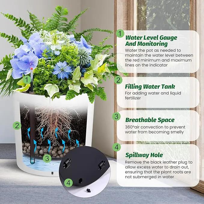 Tall Round Planter Set of 2, 19.5‘’ H x 19.9" Dia Large Planters for Indoor Plants with Built-in Drainage and a Water Level Monitor and Wheels for Patio, Porch, Living Room, or Home Office, White by GreenHaven Gardens