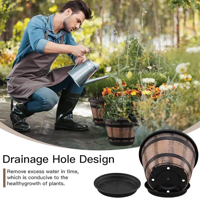 Quarut 3 Pack 10 inch Plant Pots,Whiskey Barrel Planters with Drainage Holes & Saucer, Plastic Decoration Flower Pots Imitation Wine Barrel Design, for Indoor & Outdoor Garden Home Plants (Brown) by GreenHaven Gardens