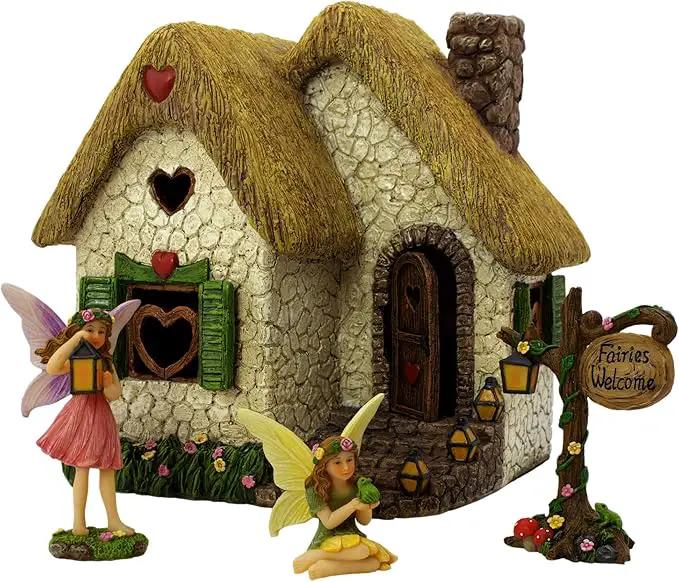 Fairy Garden House Kit – Complete with Accessories, House 7” High with Door That Opens & Fairies for Outdoor Gardens – 4 Pieces by GreenHaven Gardens