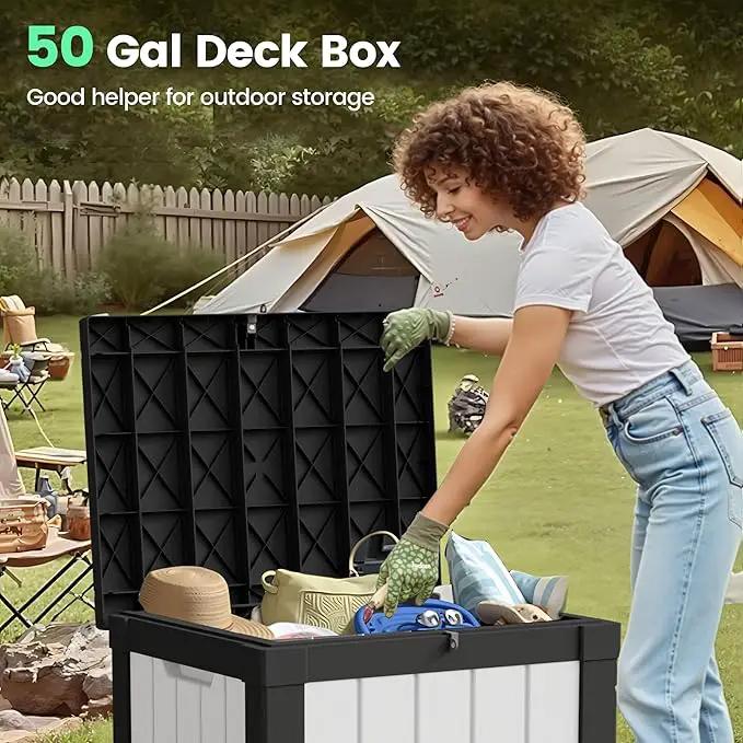 50 Gallon Storage Box, Waterproof Deck Box for Indoor & Outdoor Use, Lockable Pool Storage Bin for Package Delivery, Outdoor Bench for Patio Cushions, Garden Tools, Backyard, Black & White by GreenHaven Gardens