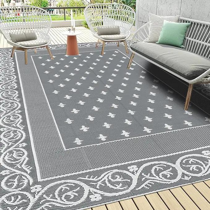 Pauwer Waterproof Outdoor Rug 8x10, Reversible Plastic Straw Patio Camping Rug, Indoor Outdoor RV Mat Carpet for Deck, Camper, Porch, Balcony, Backyard, Picnic, Bordered Grey by GreenHaven Gardens