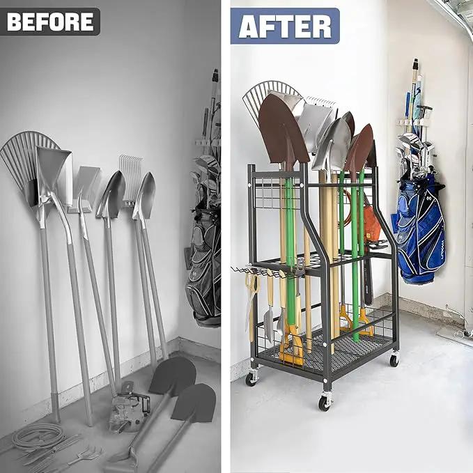 WALMANN Garden Tool Organizer with Wheels for Garage, Rakes/Shovels/Yard Tools Storage Stand for Garden, Shed, Indoor/Outdoor Long-Handled Tools Rolling Cart by GreenHaven Gardens