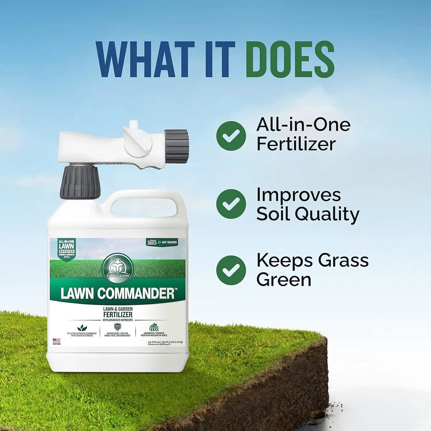 Turf Titan Lawn Commander – All-in-One Lawn Booster and Fertilizer (32 oz) – Peak Growth & Green Grass for All Seasons – Tri-Action Nitrogen Tech - Hose End Lawn Sprayer – Covers up to 8,000 Sq Ft by GreenHaven Gardens