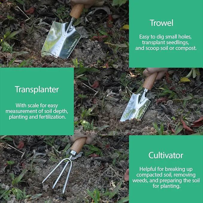 LeMotech Garden Tool Set, 3Pcs Stainless Steel Heavy Duty Gardening Kit Including Trowel Transplanter Cultivator Gardening Hand Tools with Handle, Planting Tool for Women Men by GreenHaven Gardens