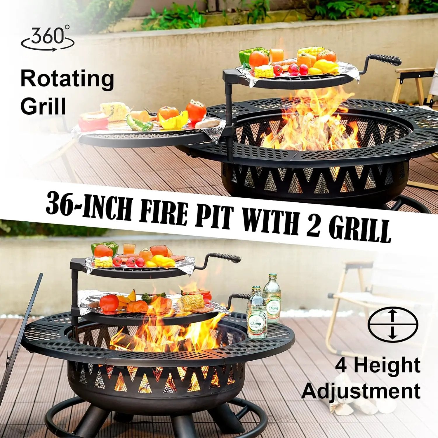 36 Inch Fire Pit with 2 Grills, Large Outdoor Firepits for Outside, Wood Burning Fireplace for Camping,Picnic,Bonfire, 3-in-1 Round Metal Table with Lid for Backyard,Patio,Party by GreenHaven Gardens