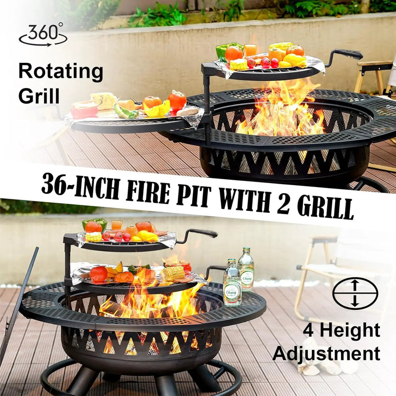 36 Inch Fire Pit with 2 Grills, Large Outdoor Firepits for Outside, Wood Burning Fireplace for Camping,Picnic,Bonfire, 3-in-1 Round Metal Table with Lid for Backyard,Patio,Party by GreenHaven Gardens