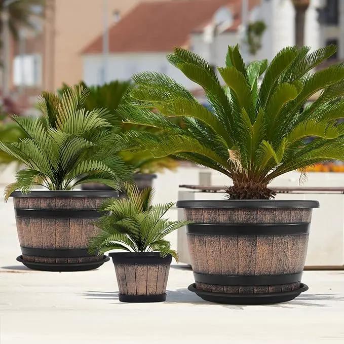 Quarut Plant Pots Set of 3 Pack 9 inch,Whiskey Barrel Planters with Drainage Holes & Saucer.Plastic Decor Flower Pots Imitation Wine Barrel Design,for Indoor & Outdoor Garden Home Plants (Brown) by GreenHaven Gardens