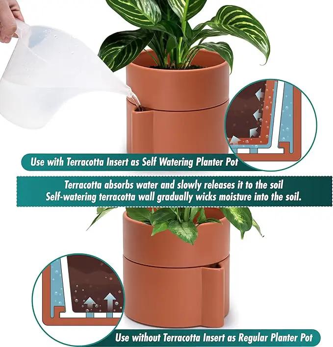 Phoenix Vine 6.5 Inch Self-Watering Planter Pot with Terracotta Insert, Deep Water Reservoir, and Ceramic-Alike BPA-Free Plastic Pot for Plant, Modern Planter for Houseplants, Terracotta, 53-A-S-3 by GreenHaven Gardens