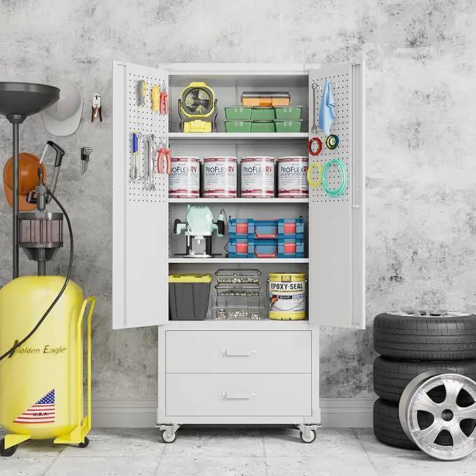 Upgraded Metal Garage Storage Cabinet with Wheels and 2 Drawers, Rolling Tool Cabinet with 3 Shelves and Pegboard Behind The Door for Home Office Garage,Assembly Required,White by GreenHaven Gardens