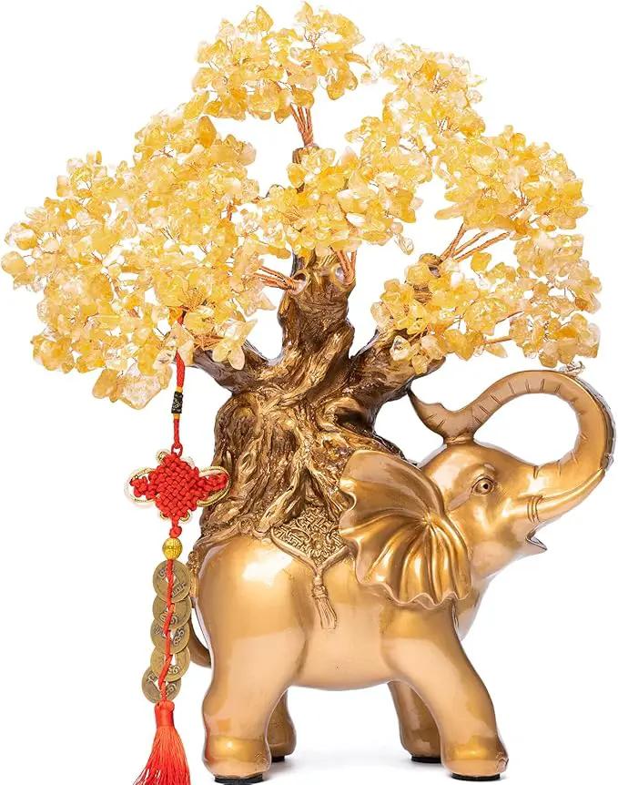 Citrine Crystal Money Tree on Gold Elephant Statue, 17”Large Gemstone Bonsai Tree of Life Home Décor Gifts for Wealth Positive Energy, Feng Shui Décor by GreenHaven Gardens
