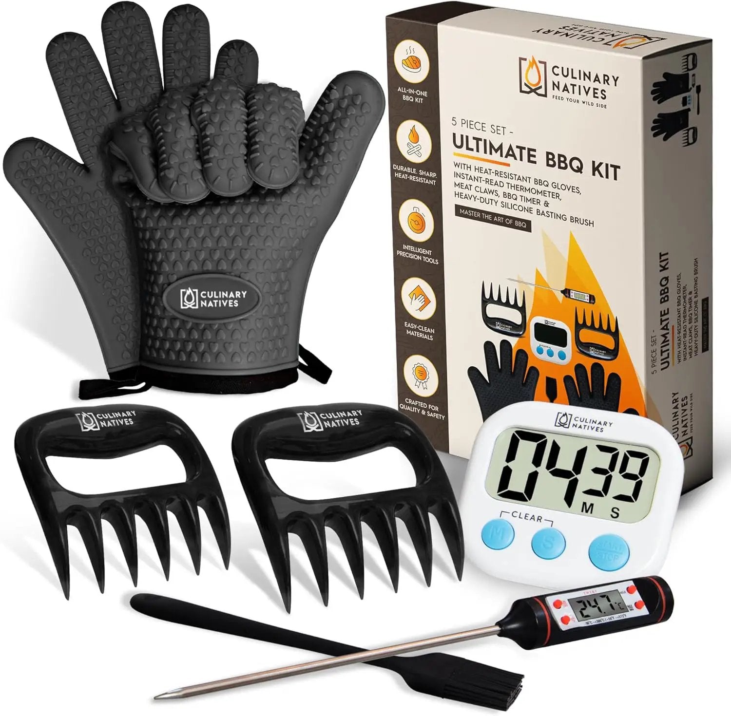 Smoker Gloves, Meat Claws, Thermometer, Timer, Brush | No.1 Heat Resistant BBQ Gloves | Meat Shredder Claws | Silicone Grill Gloves and Pulled Pork Claws with Smoker Accessories Kit & Tools (Black) by GreenHaven Gardens