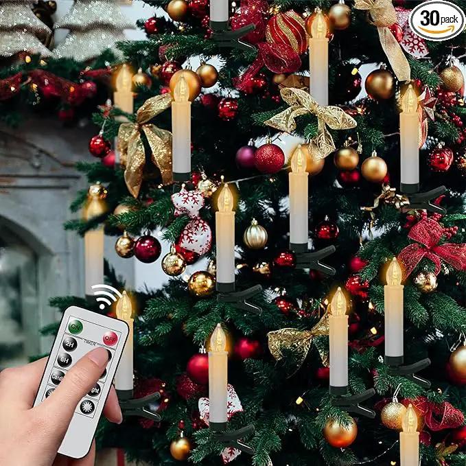 DRomance Christmas Tree Flameless Taper Candle Lights Battery Operated with 10-Key Remote and Timer, 30 Pack Plastic 3D Wick Flickering LED Taper Candles Multi-Using Home Garden Holiday Decor 3.4" by GreenHaven Gardens