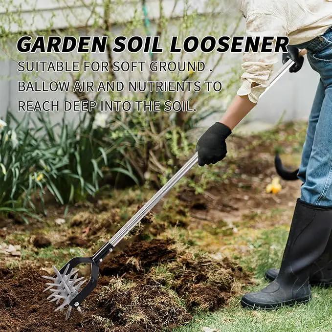 Rotary Cultivator Tool, Adjustable Garden Hand Tiller Cultivator, Long Handle Rotary Cultivator, Aerate, Weed, Plant, Garden Cultivator for Soil Mixing or Reseeding Grass by GreenHaven Gardens