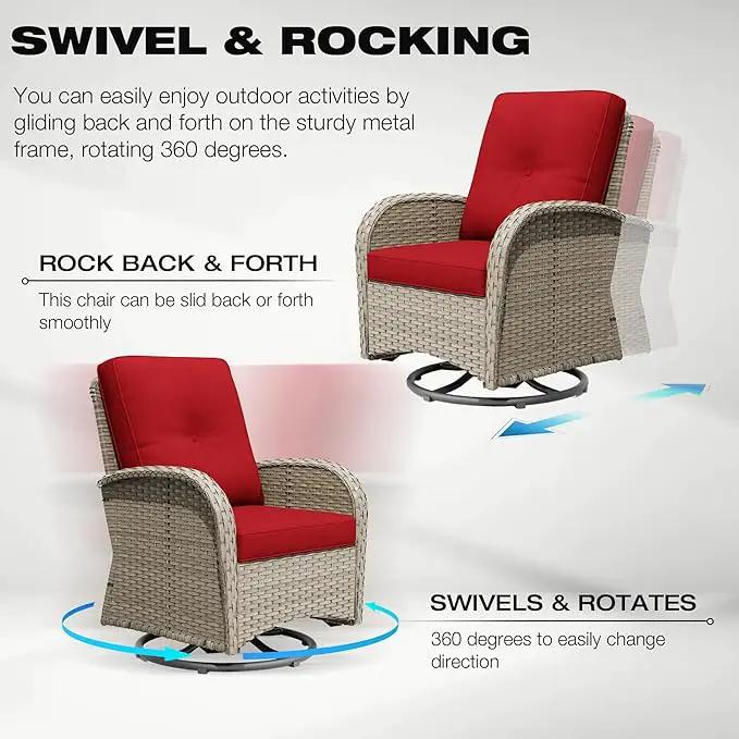 Joyside Outdoor Swivel Rocker Chairs, 3 Piece Wicker Patio Set with Thick Cushion and Side Table, Rattan Patio Swivel Rocking Chairs for Porch, Deck Use (Natural/Red, 3 PCS) by GreenHaven Gardens