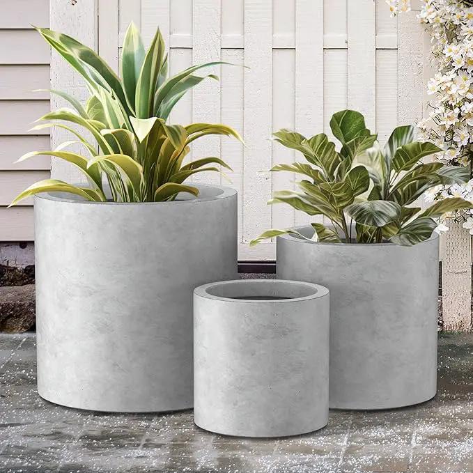 Kante 9.8",12.6",15.7" Dia Round Concrete Planter Set of 3, Modern Style Large Cylindrical Plant Pot with Drainage Hole and Rubber Plug for Indoor Outdoor Patio, Natural Concrete by GreenHaven Gardens