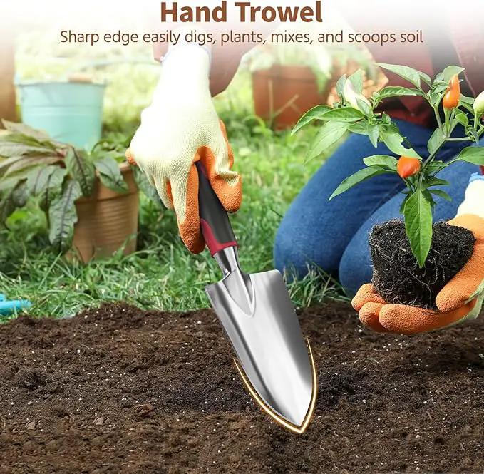 LASZOLA 3 Piece Garden Tool Set Include Hand Trowel Rake and Transplant Shovel for Women, Indoor Heavy Duty Small Spade Kit with Ergonomic Handle to Weed and Loosen, for Mom and Plant Beginner, Red by GreenHaven Gardens