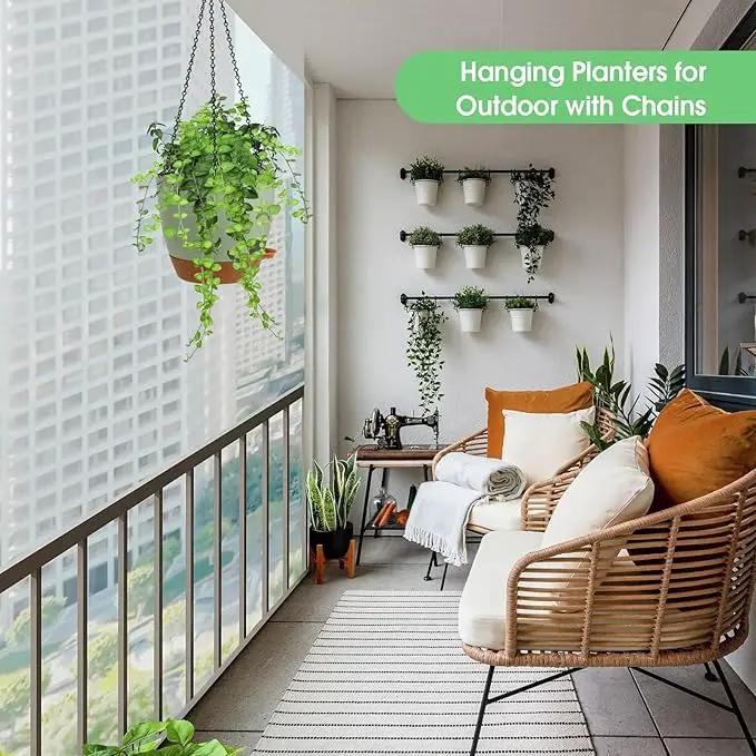 Hanging Planters for Indoor Outdoor Plants, 2 Pack Self Watering Hanging Pot with Drainage Holes, Removable Tray & 2 Kinds of Plant Hangers, 8'' Hanging Flower Pots for Home Garden Decor, Green by GreenHaven Gardens