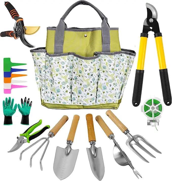 Gardening Tools – 42 Piece Premium Gardening Tool Set,Heavy Duty Hand Tools with Fashion Garden Tools Organizer Handbag,Rust-Proof Gardening Tool Kit, Ideal Gardening Gifts for All (Green Floral) by GreenHaven Gardens