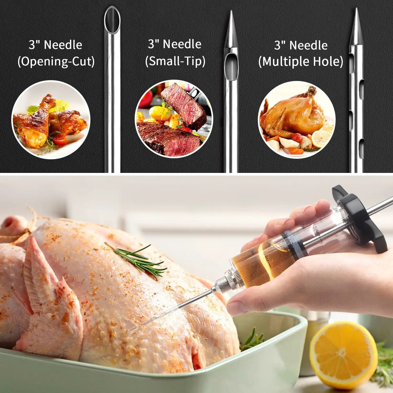 Plastic Meat Injector Kit for Smoker with 3 Flavor Food Syringe Needles, Ideal for Injecting Marinade into Turkey, Meat, Brisket; 1-OZ; Including Paper User Manual, Recipe E-Book (PDF) by GreenHaven Gardens
