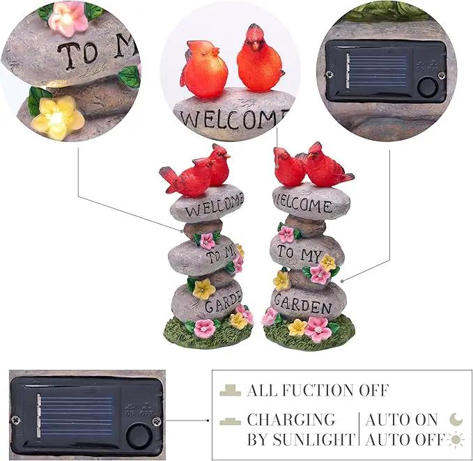 TERESA'S COLLECTIONS Garden Statues with Outdoor Solar Lights for Garden Decor, Cardinal Birds Welcome Yard Sign Rocks & Flower Resin Valentines Decorations, Gifts for Mom Yard Decor, 11" by GreenHaven Gardens