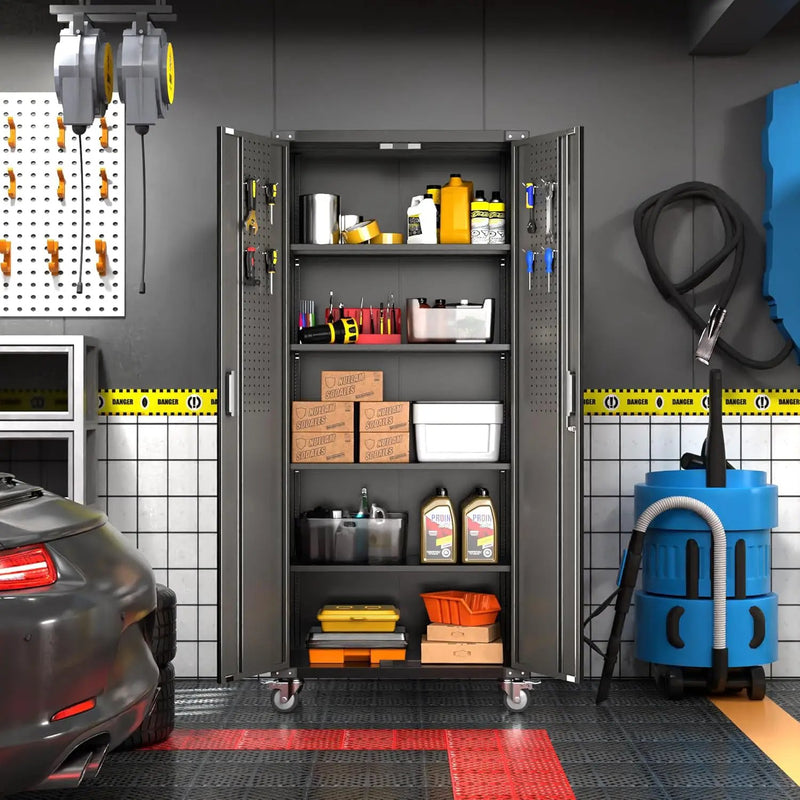 Metal Garage Storage Cabinet with Wheels & Pegboard,72In Lockable Steel Storage Cabinets with 2 Doors&4 Adjustable Shelves for Garage&Home,Assembly Required,Black by GreenHaven Gardens