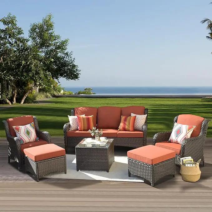 ovios 6 Pieces Patio Furniture Set, Outdoor Wicker Sofas with Glass Coffee Table and Comfy Cushions, All Weather High Back Couch Set for Deck Porch, Brown Rattan, Orange Red by GreenHaven Gardens