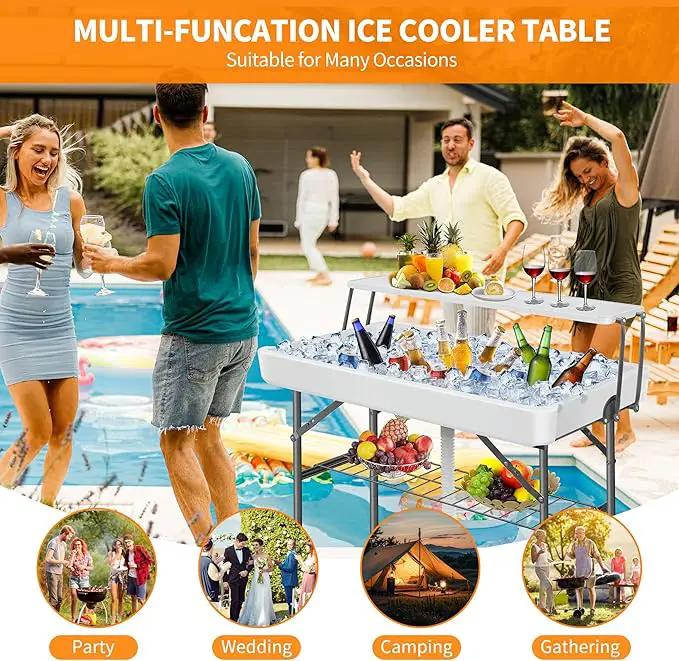 Portable Folding Ice Cooler Table - 2 Tier Outdoor Cooler Table with Removable Matching Skirt and Shelf, Ice Tables for Party, Camping, Picnic, Foldable Self-Serving Beverage Cooling Bar(White) by GreenHaven Gardens