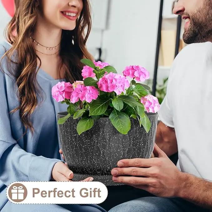 12 Inch Wide Water Ripples Flower Pots for Indoor or Outdoor Plants, Large Plant Pots with Drainage Holes & Saucer, Plastic Planters Set for Garden & Home Decor (Black with White Speckles) by GreenHaven Gardens