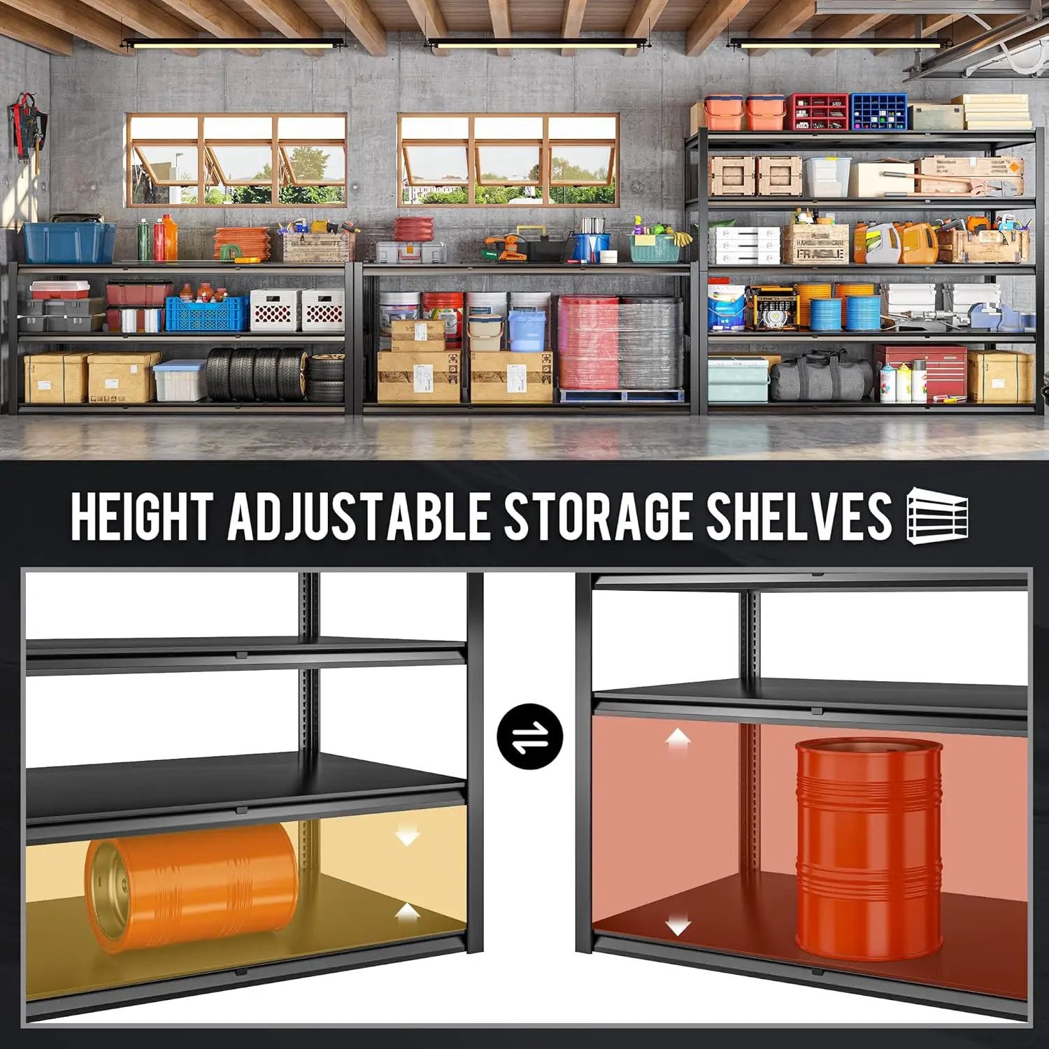 59.8" W x 72.2" H x 24.2" D Storage Shelves Metal Shelving, 2650LBS Garage Shelving Unit with Adjustable Shelf, 5 Tier Storage Rack for Garage, Pantry, Warehouse, Basement, Black by GreenHaven Gardens