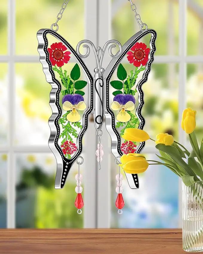 KY&BOSAM Butterfly Suncatcher DIY Gifts for Mom Ornament for Window Pressed Flower Between Wings Glass Metal Engraved No Charm Gifts for Mom Mother's Day Valentine's Birthday Thanksgiving Christmas by GreenHaven Gardens