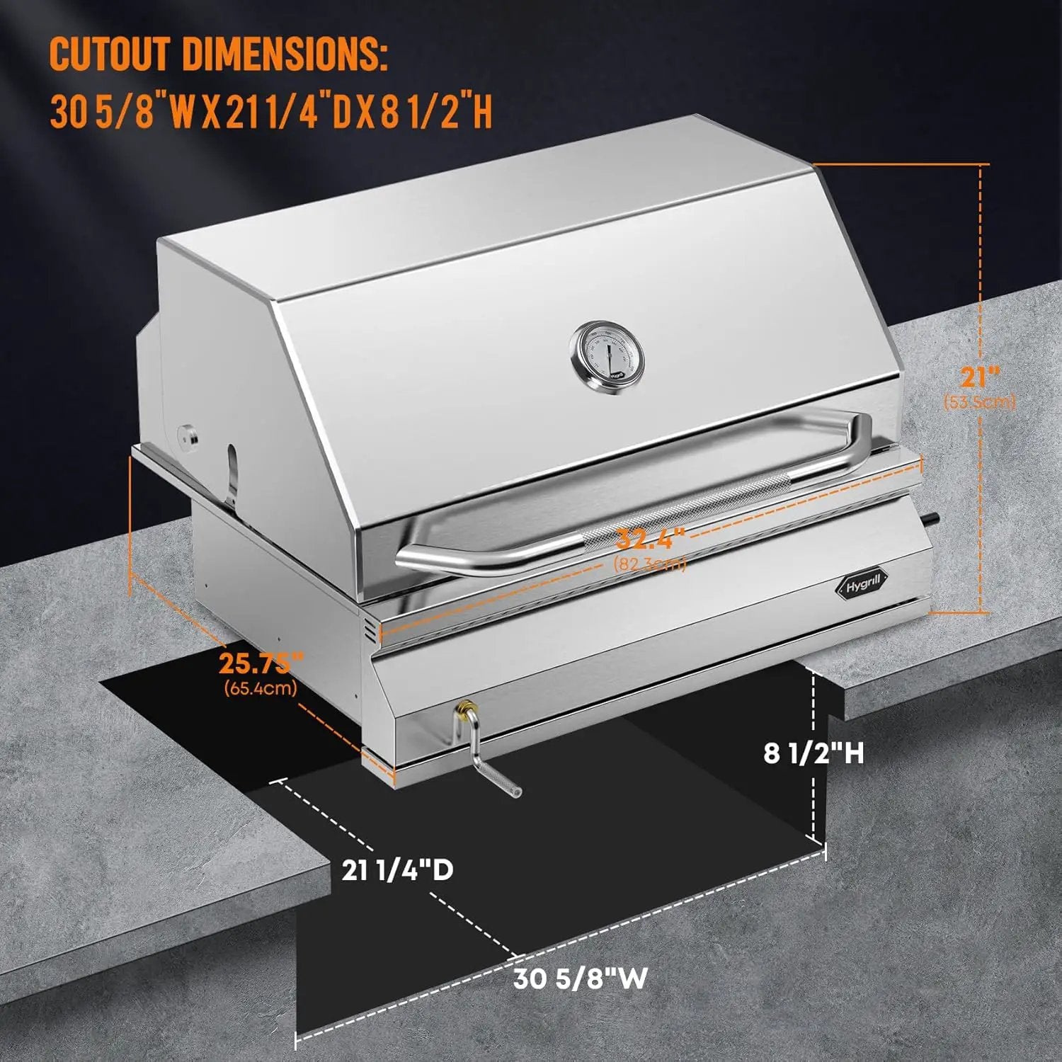 Hygrill Charcoal Grill Head for Outdoor Kitchen, 32-inch Stainless Steel Built-In Grill with Insulated Hood, Temperature Gauge and Fabric Cover by GreenHaven Gardens