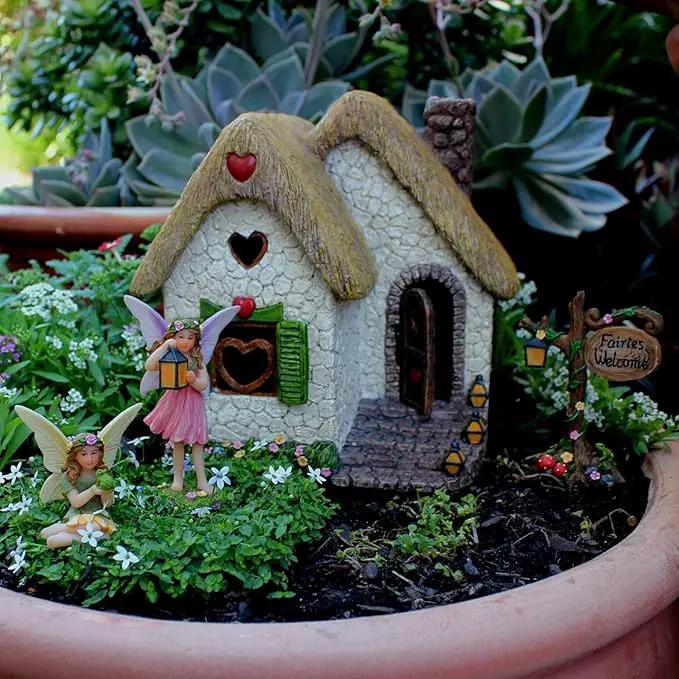 Fairy Garden House Kit – Complete with Accessories, House 7” High with Door That Opens & Fairies for Outdoor Gardens – 4 Pieces by GreenHaven Gardens