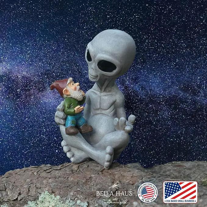 Andre' & Fritz Friendship Stories Alien and Gnome Garden Statue | Poly-Resin 6.5" h x 4" w x 3.5" d Outdoor Décor (Stories - Garden Statue) by GreenHaven Gardens