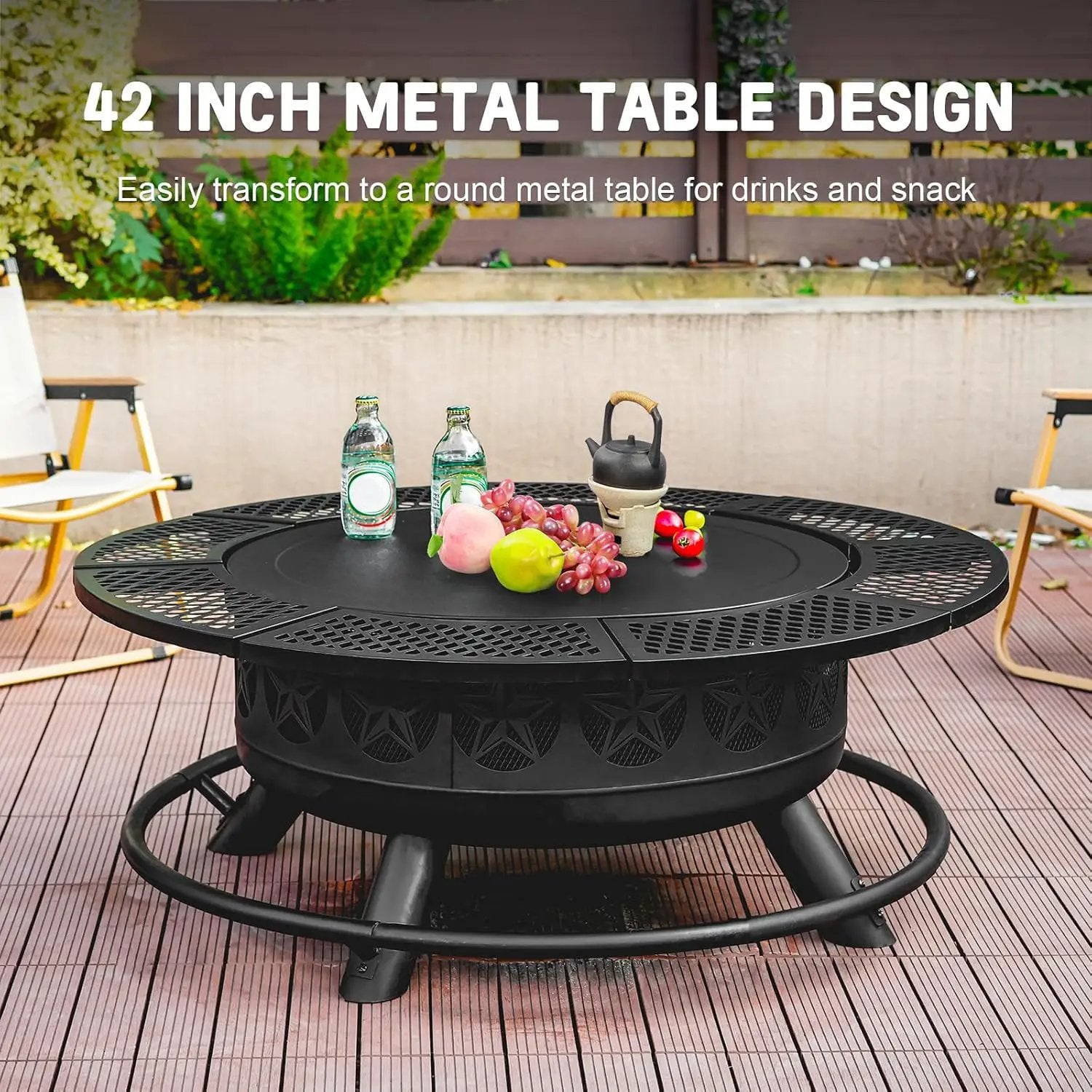 42 Inch BBQ Fire Pit with 2 Grills,3-in-1 Outdoor Round Metal Fire Pit Table with Lid,Fire Poker,Large Outdoor Wood Burning Firepits for Outside,Picnic,Bonfire Backyard Patio(Black) by GreenHaven Gardens