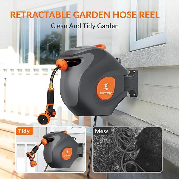 Giraffe Tools BW35 Retractable Garden Hose Reel | Wall-Mounted, Automatic Rewind, 100ft 1/2" Hose with 9-Pattern Spray Nozzle | Outdoor, Lawn, Garden & Car Cleaning Use by GreenHaven Gardens