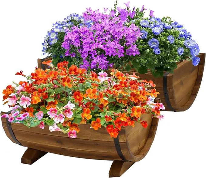 IDZO Solid Acacia Wood Half Barrel Planters Outdoor Set of 2 Different Sizes, Wooden Planters for Outdoor Plants with Metal Bands & Drainage Holes, Legs Included, Brown by GreenHaven Gardens