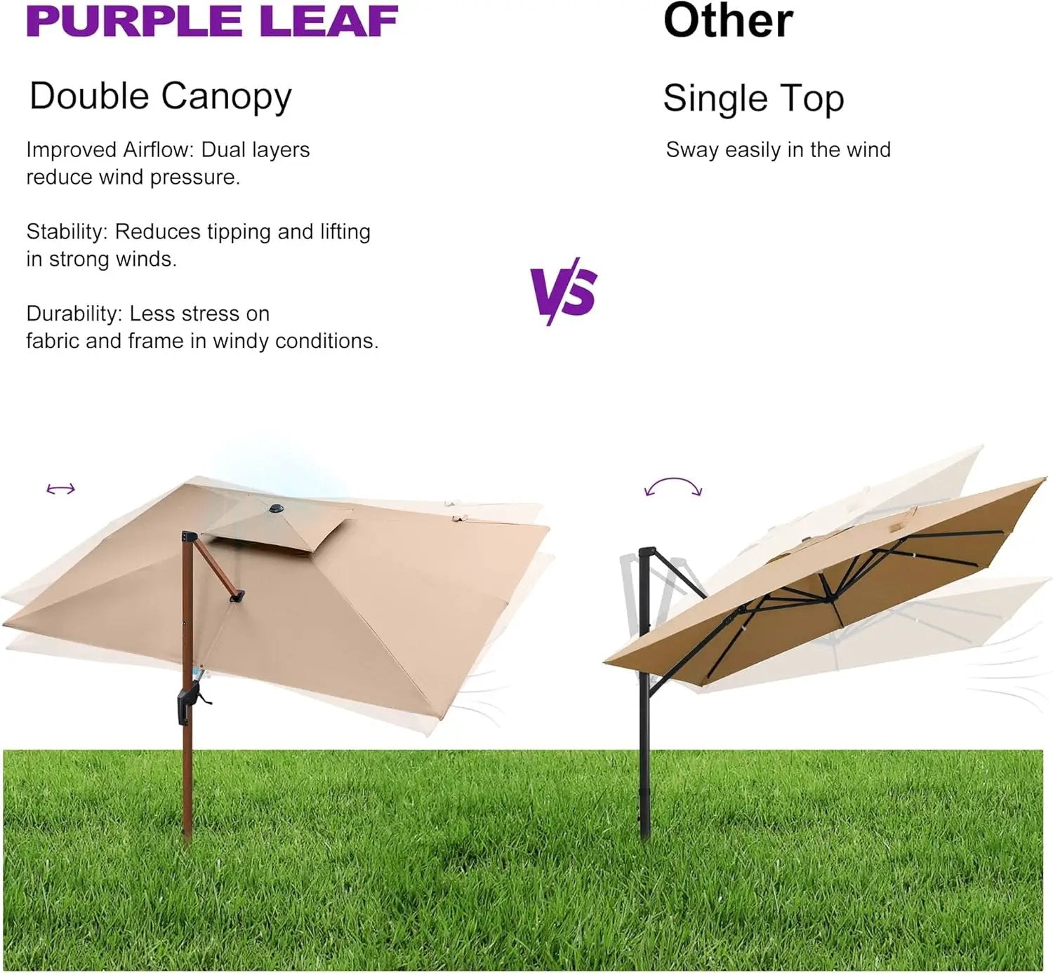 PURPLE LEAF 10' X 13' Double Top Deluxe Wood Pattern Rectangle Patio Umbrella Offset Hanging Umbrella Outdoor Market Umbrella Garden Umbrella, Beige by GreenHaven Gardens