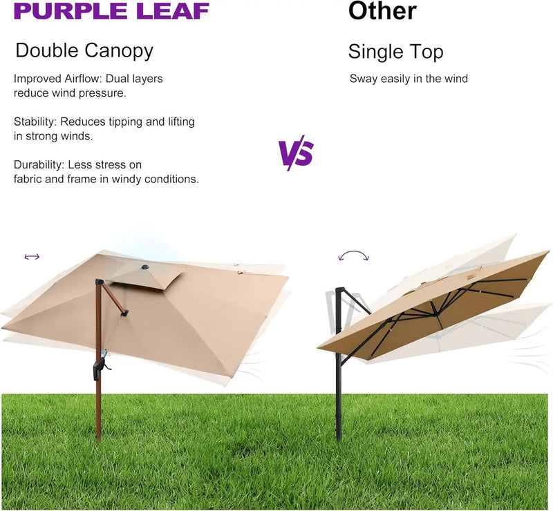 PURPLE LEAF 10' X 13' Double Top Deluxe Wood Pattern Rectangle Patio Umbrella Offset Hanging Umbrella Outdoor Market Umbrella Garden Umbrella, Beige by GreenHaven Gardens