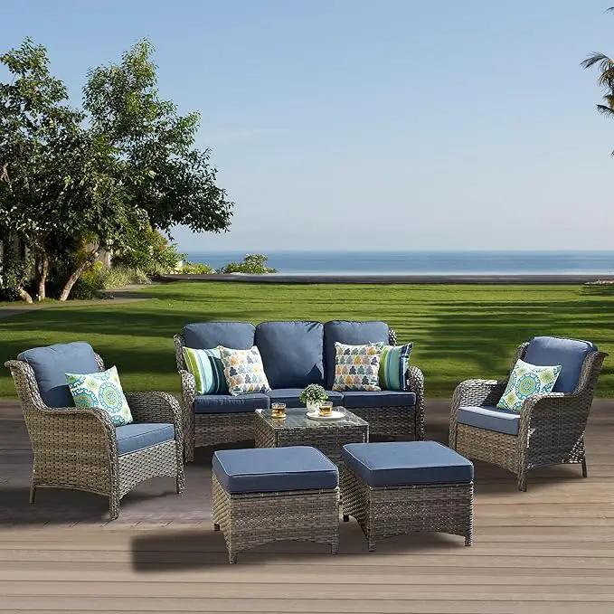 ovios 6 Pieces Patio Furniture Set, Outdoor Wicker Sofas with Glass Coffee Table and Comfy Cushions, All Weather High Back Couch Set for Deck Porch, Grey Rattan, Denim Blue by GreenHaven Gardens