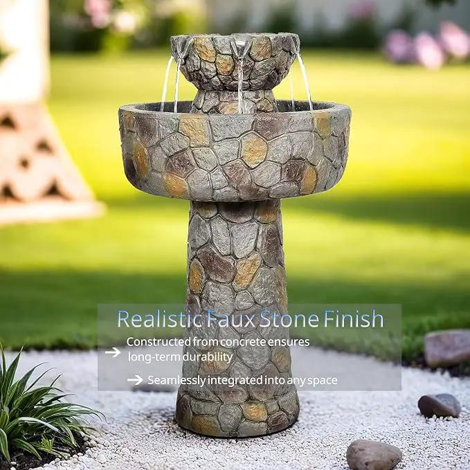 SunJet 25.7” High x 15.3” Diameter Concrete Bird Bath with Faux Stone Finish - Outdoor Water Fountain with Electric Pump - Birdbath for Garden, Patio, Yard, Lawn Décor by GreenHaven Gardens