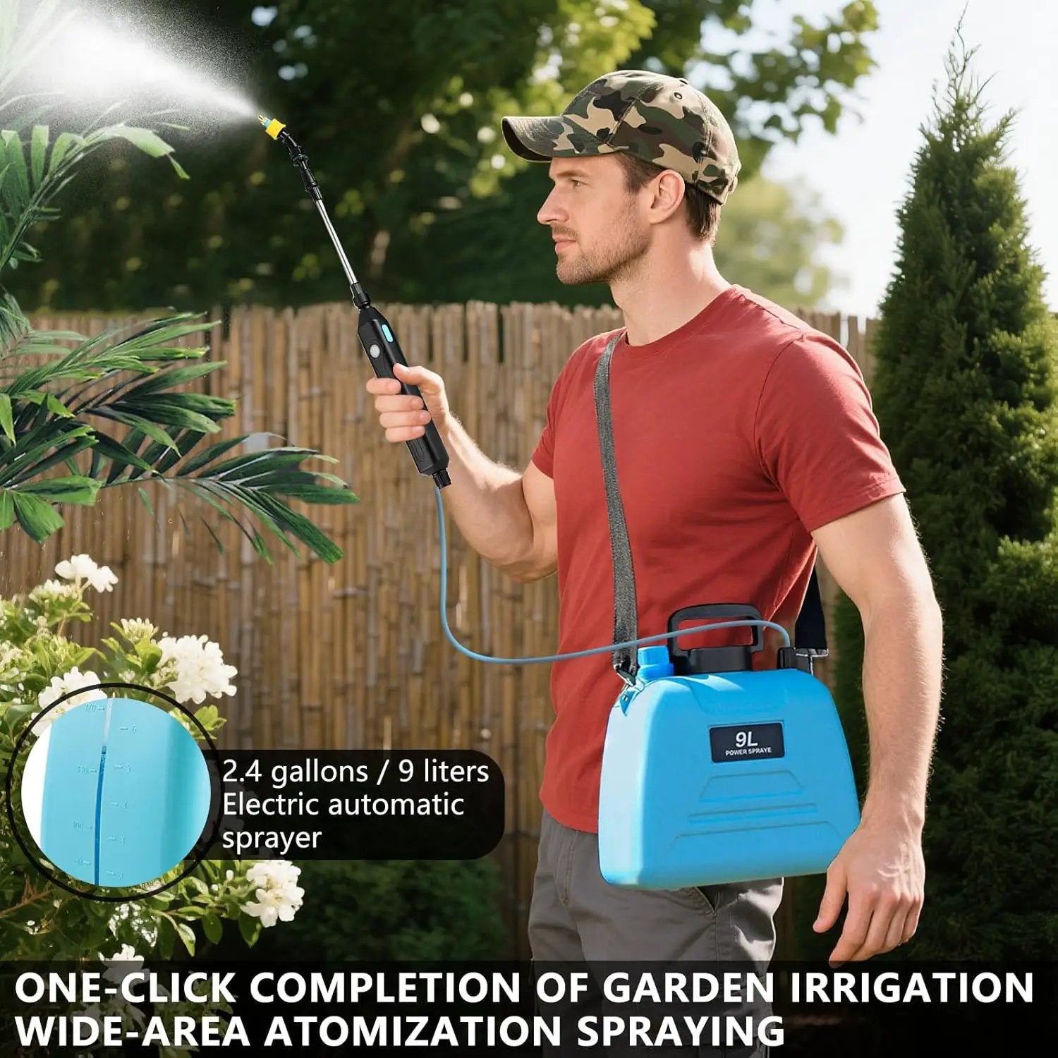2.4 Gallon Battery Powered Sprayer, Electric Battery Operated Sprayer, Weed Power Sprayers in Lawn and Garden with Adjustable Shoulder Strap and Rechargeable Handle, 3 Mist Nozzles (Blue) by GreenHaven Gardens