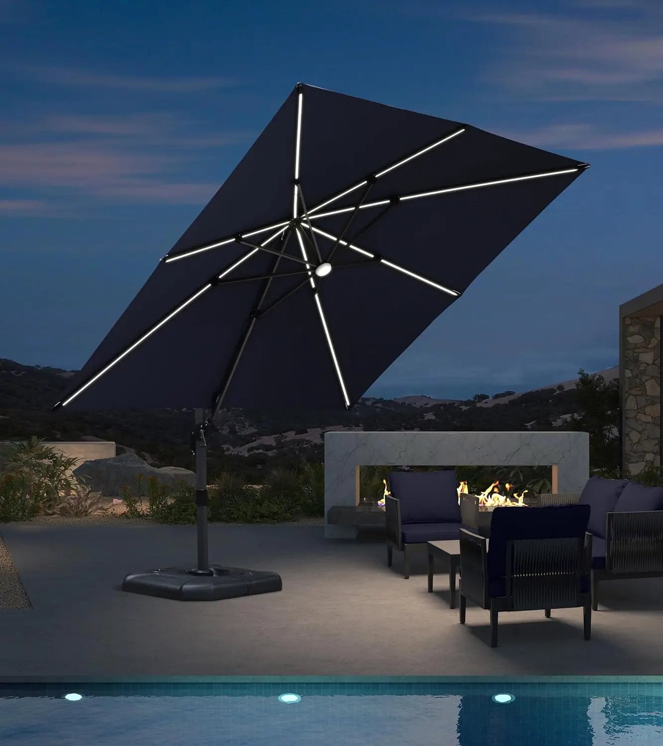 PURPLE LEAF 10 Feet Patio Umbrella Solar Powered LED Square Outdoor Cantilever Umbrella with LED Lights Aluminum Offset Umbrella with 360-degree Rotation for Garden Deck Pool Patio Navy Blue by GreenHaven Gardens