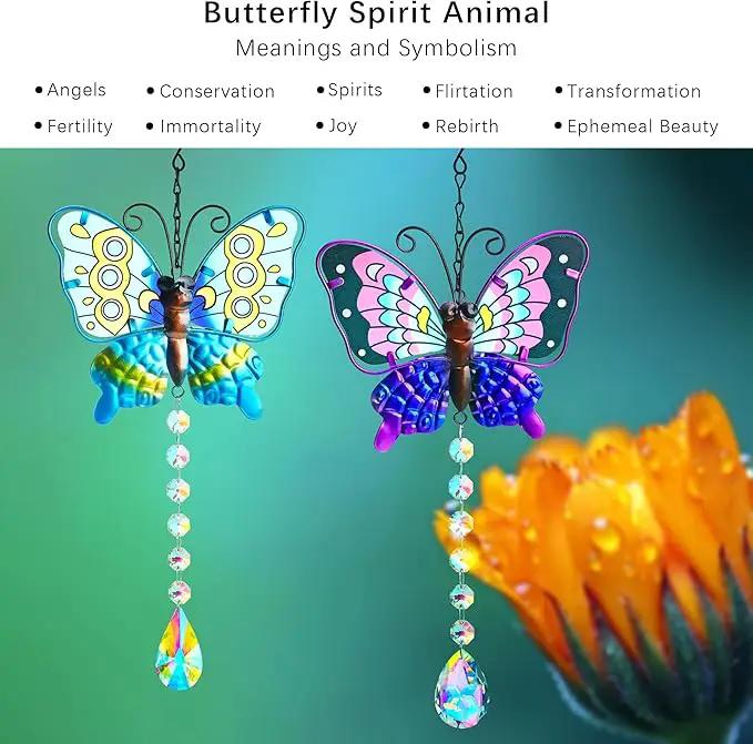 Set 2 Metal Butterfly Suncatchers for Windows - 14" Outdoor Fence Wall Art Decor, Rainbow Prisms Sun Catchers with Crystals Hanging for Home Garden Ornament by GreenHaven Gardens